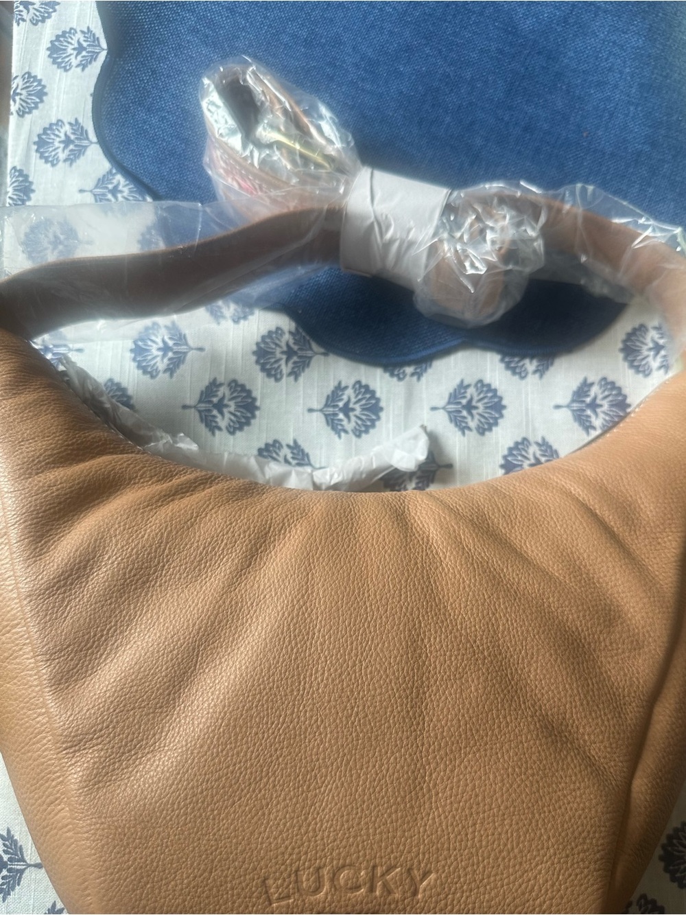 Lucky Brand Genuine Leather Bag Tags with Camel Brown Accent and pink strap